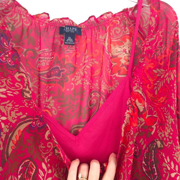 Chaps NWOT paisley chiffon peasent top Size XL red pink w/ tank top Boho peasant - Picture 10 of 10